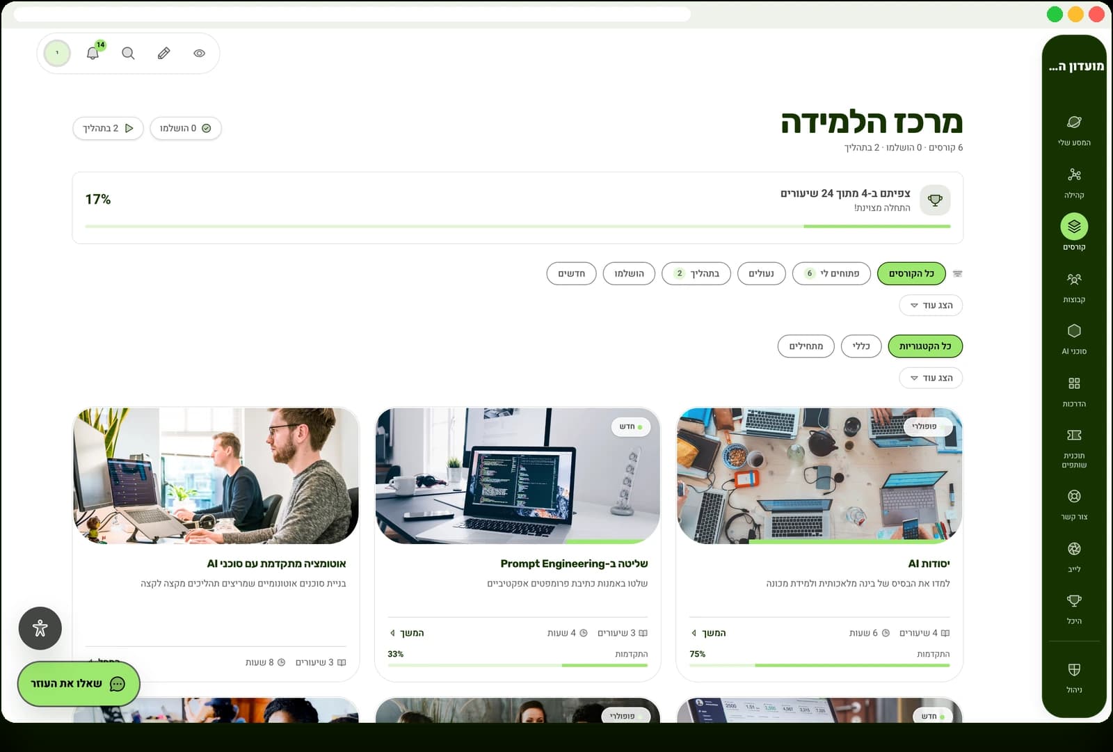 מרכז הלמידה של קהילה, עם כרטיסי קורסים וקאברים